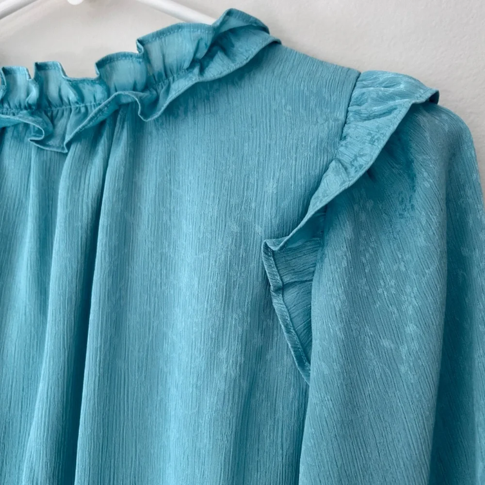 🍒Long Sleeve Mint Ruffle Button Down Dress - Picture 5 of 12